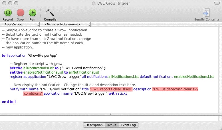Script Editor window showing Growl trigger example script.