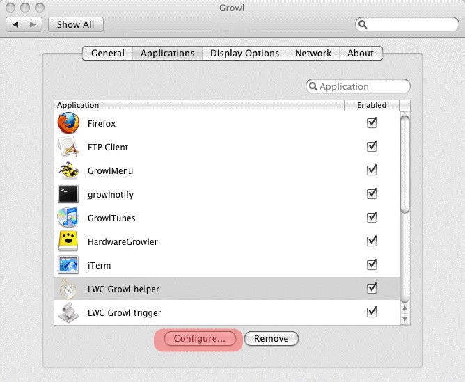 Growl Applications tab